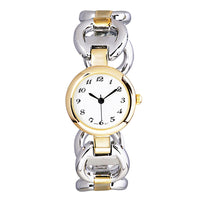 Stylish Round Face Circular Pattern Polished Metal Cuff Bracelet Watch (Two Tone)