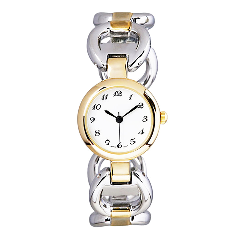 Stylish Round Face Circular Pattern Polished Metal Cuff Bracelet Watch (Two Tone)