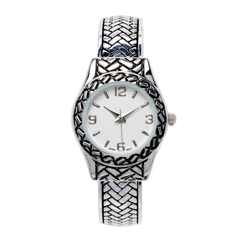 Stylish Round Chrome Dial On Textured Metal Basket Weave Hinged Cuff Bracelet Watch, 2.25 (Silver Tone)