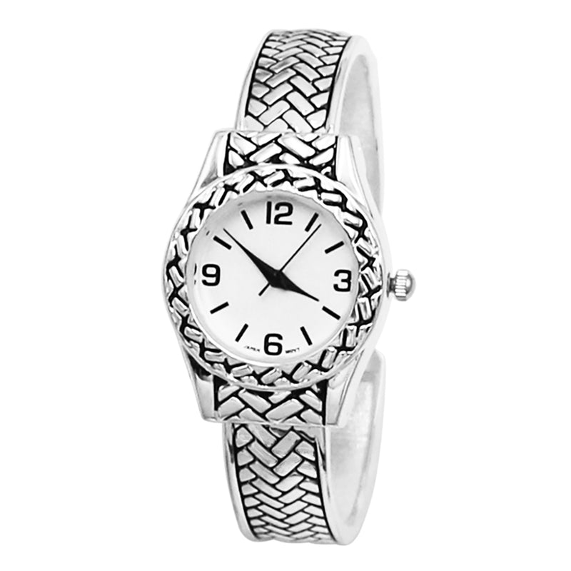 Stylish Round Chrome Dial On Textured Metal Basket Weave Hinged Cuff Bracelet Watch, 2.25 (Silver Tone)