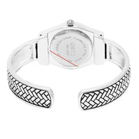 Stylish Round Chrome Dial On Textured Metal Basket Weave Hinged Cuff Bracelet Watch, 2.25 (Silver Tone)