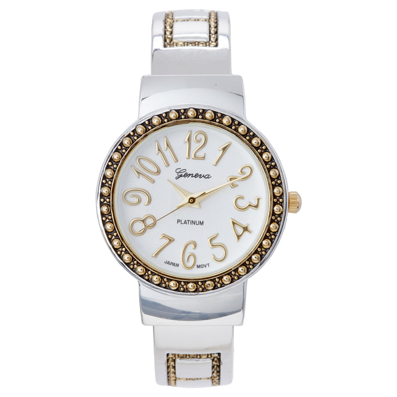 Unique Polished Metal with Intricate Caviar Detail on Bezel Hinged Cuff Bracelet Watch, 2.25 (Two Tone Silver Gold)