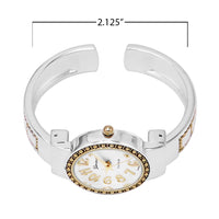 Unique Polished Metal with Intricate Caviar Detail on Bezel Hinged Cuff Bracelet Watch, 2.25 (Two Tone Silver Gold)