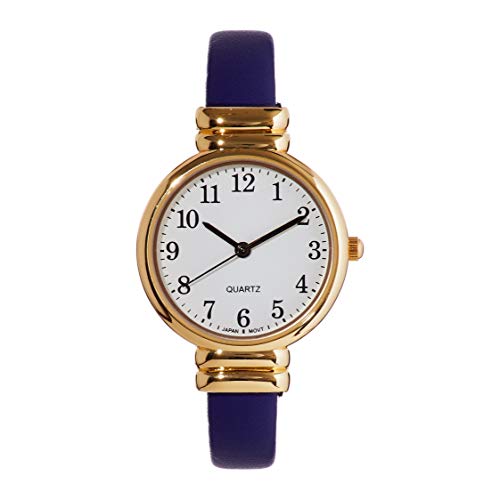 Casual Round Face Vegan Leather Hinged Cuff Bracelet Watch, 2.25" (Blue Gold Tone)