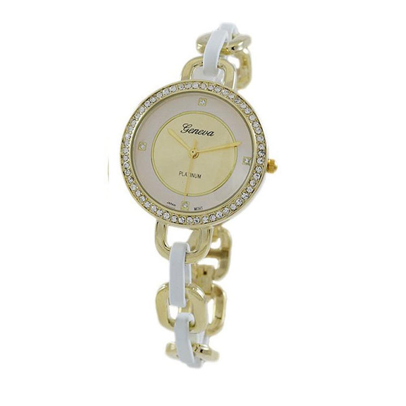 Geneva Fashion Stylish Crystal Surround Round Face Colored Link Band Bracelet Watch (White)
