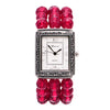 Stylish Burnished Silver Rectangular Face On Red Crystal Bead Stretch Bracelet Watch, 2.50"