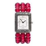 Stylish Burnished Silver Rectangular Face On Red Crystal Bead Stretch Bracelet Watch, 2.50