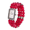 Stylish Burnished Silver Rectangular Face On Red Crystal Bead Stretch Bracelet Watch, 2.50"