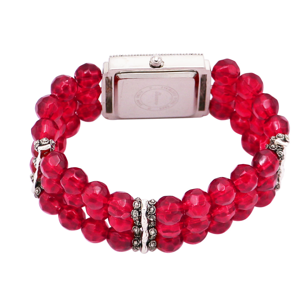 Stylish Burnished Silver Rectangular Face On Red Crystal Bead Stretch Bracelet Watch, 2.50"