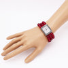 Stylish Burnished Silver Rectangular Face On Red Crystal Bead Stretch Bracelet Watch, 2.50"