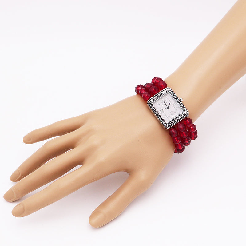 Stylish Burnished Silver Rectangular Face On Red Crystal Bead Stretch Bracelet Watch, 2.50"