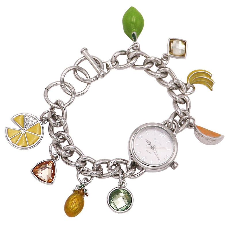 Whimsical Fruit Charms Metal Link Bracelet Watch (Silver)