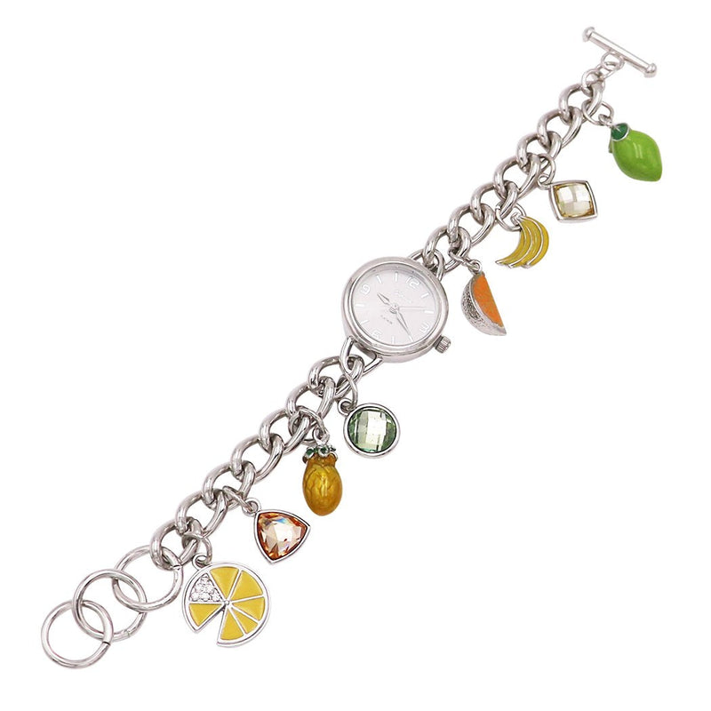 Whimsical Fruit Charms Metal Link Bracelet Watch (Silver)
