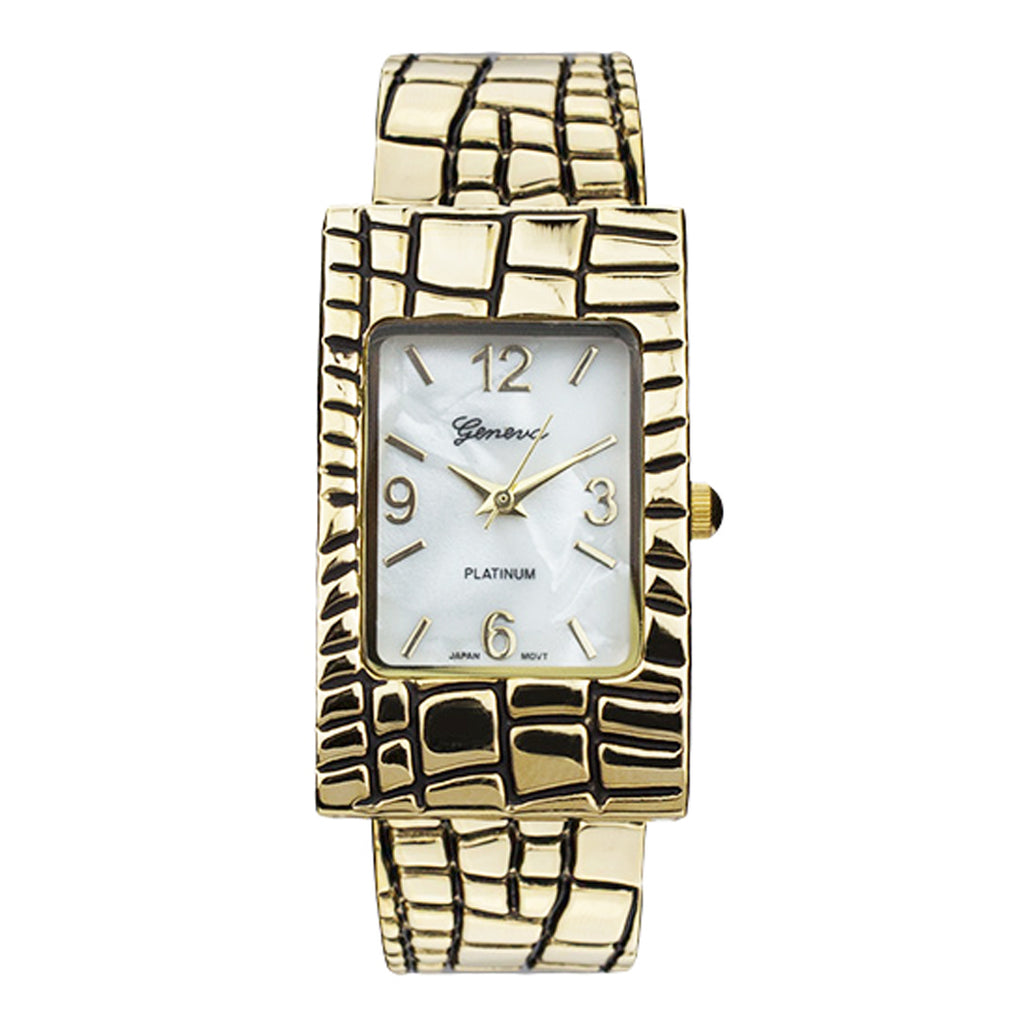 Stylish Mother Of Pearl Rectangular Face Polished Gold Tone Brick Textured Pattern Hinged Cuff Bracelet Watch, 2.50"