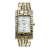 Stylish Mother Of Pearl Rectangular Face Polished Gold Tone Brick Textured Pattern Hinged Cuff Bracelet Watch, 2.50
