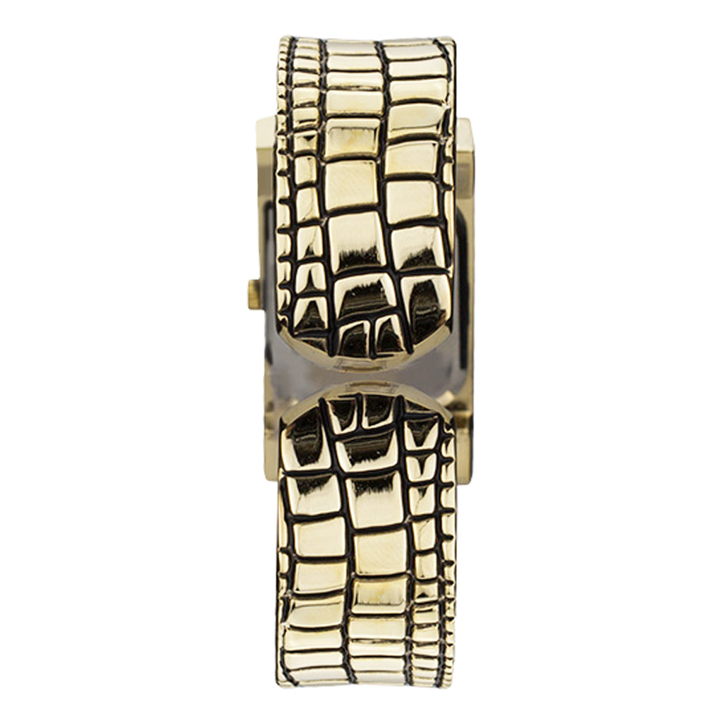 Stylish Mother Of Pearl Rectangular Face Polished Gold Tone Brick Textured Pattern Hinged Cuff Bracelet Watch, 2.50"