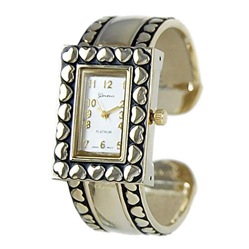 Women's Stylish Rectangular Face Polished Gold Tone Heart Pattern Petite Hinged Cuff Bracelet Watch, 2.25"