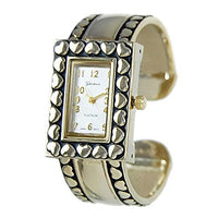 Stylish Rectangular Face Polished Gold Tone Heart Pattern Petite Hinged Cuff Bracelet Watch, 2.25"