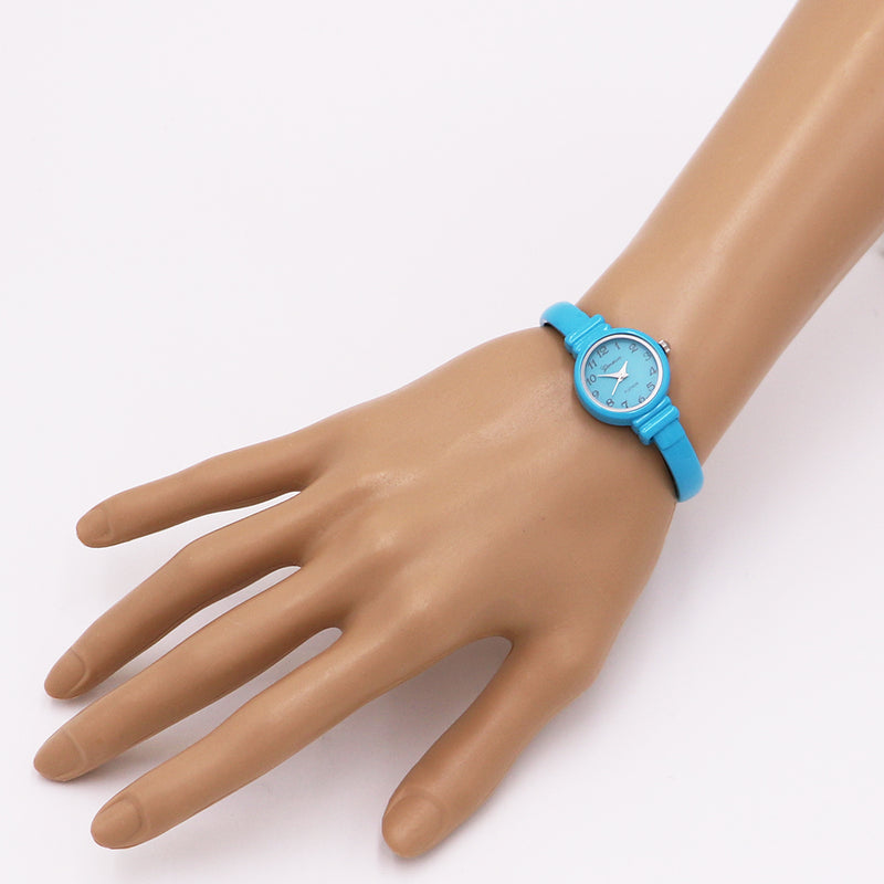 Colorful Monochromatic Casual Mini Round Face Hinged Cuff Petite Bangle Bracelet Watch,5.5" Blue