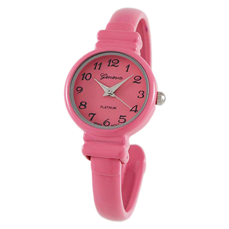 Colorful Monochromatic Casual Mini Round Face Hinged Cuff Petite Bangle Bracelet Watch,5.5" Pink