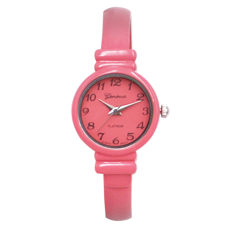 Colorful Monochromatic Casual Mini Round Face Hinged Cuff Petite Bangle Bracelet Watch,5.5" Pink