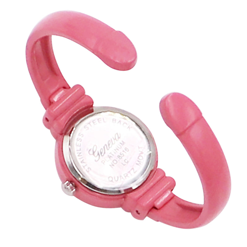 Colorful Monochromatic Casual Mini Round Face Hinged Cuff Petite Bangle Bracelet Watch,5.5" Pink