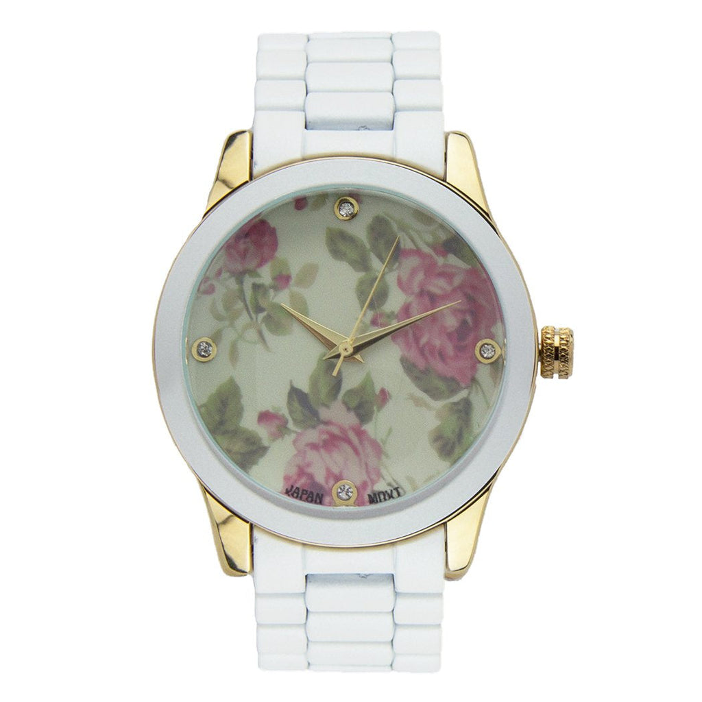 Flower Face with Crystal Accents Bracelet Watch (White)