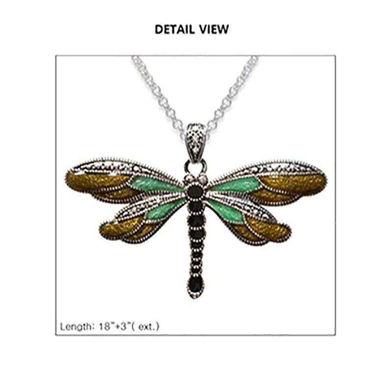 Textured Burnished Silver Tone and Colorful Enamel Charm Whimsical Pendant Necklace, 18"-21" with 3" Extender (Green Dragonfly)