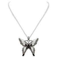 Textured Burnished Silver Tone and Colorful Enamel Charm Whimsical Pendant Necklace, 18"-21" with 3" Extender (Black Butterfly)