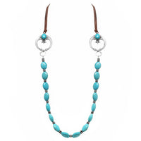 Western Cowgirl Chic Vegan Leather With Semi Precious Howlite Stone Long Necklace, 33"+3" Extension (Squash Blossom With Turquoise Howlite)