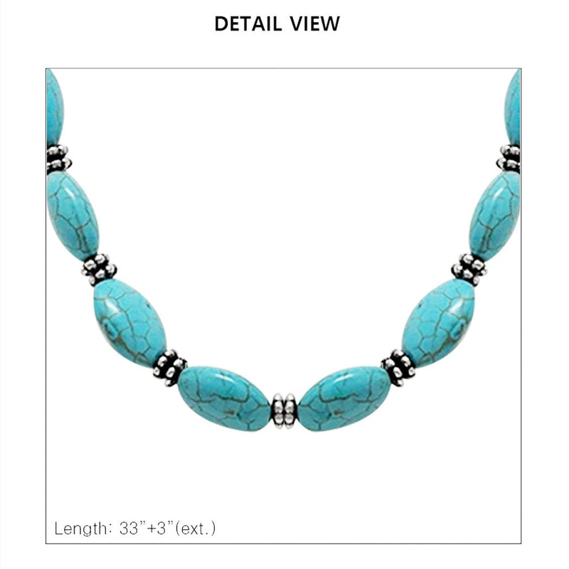 Western Cowgirl Chic Vegan Leather With Semi Precious Howlite Stone Long Necklace, 33"+3" Extension (Squash Blossom With Turquoise Howlite)
