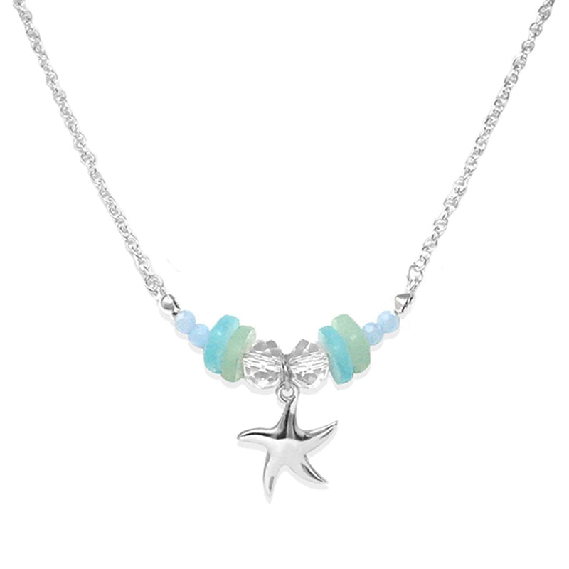 Whimsical Natural Sea Glass Bead And Starfish Pendant Necklace, 16"+3" Extender