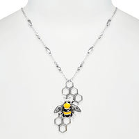 BEEutiful Enamel Bumble Bee on A Honeycomb Pendant Necklace, 18"+3" Extender Chain