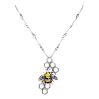 BEEutiful Enamel Bumble Bee on A Honeycomb Pendant Necklace, 18"+3" Extender Chain