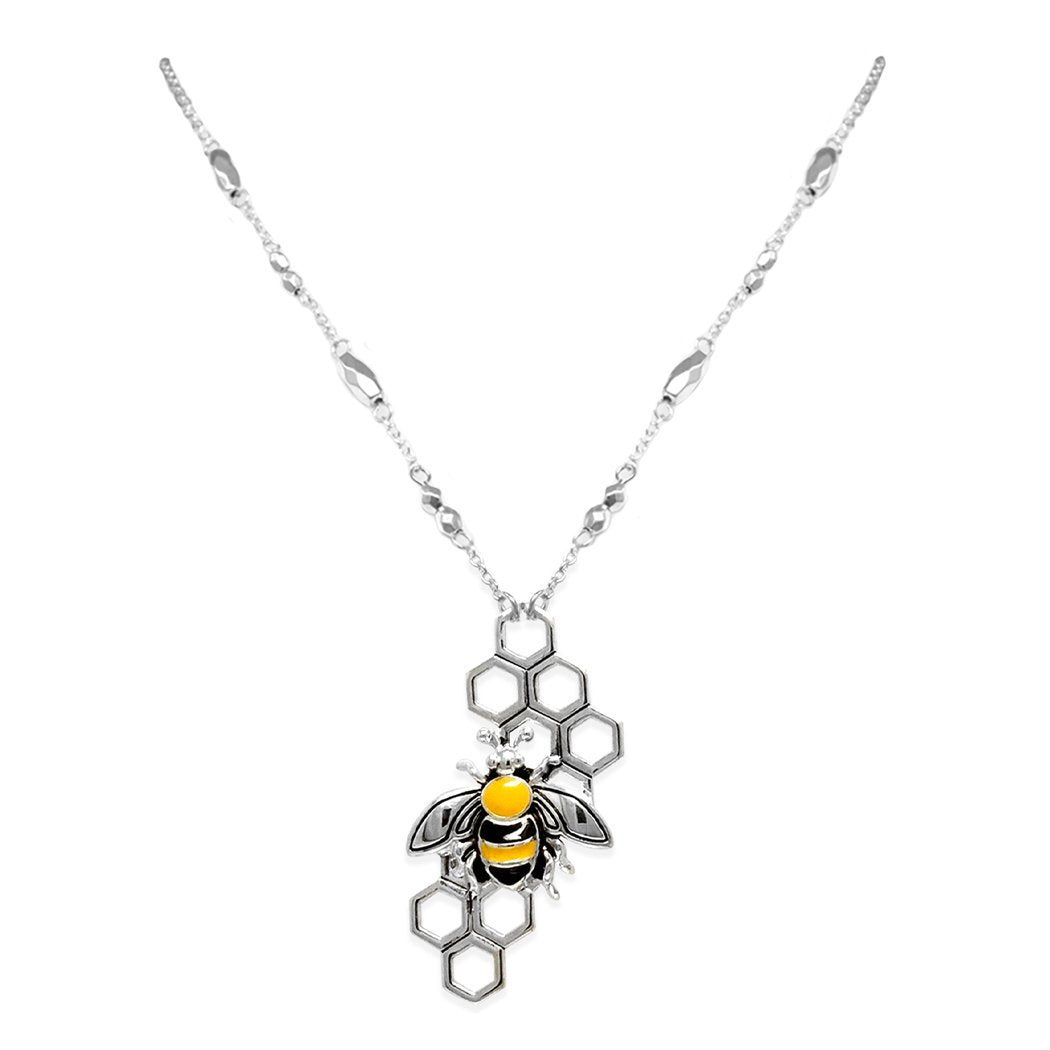 Crystal Flower and Enamel Bee Necklace in Gold