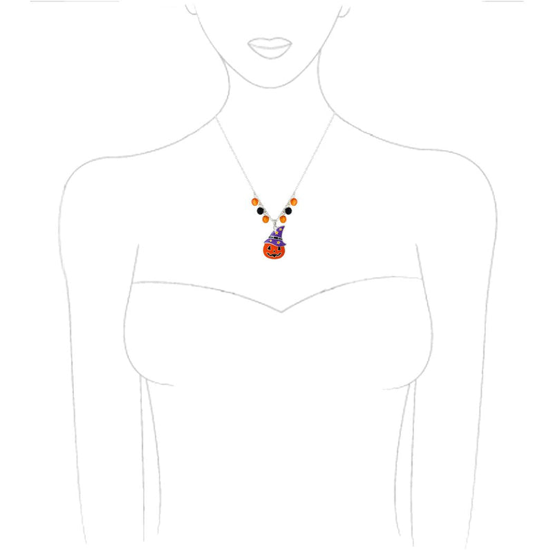 Spooktacularly Fun Halloween Enamel Jack O Lantern And Crystal Beads Necklace, 18"+3" Extender