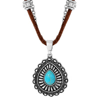 Cowgirl Chic Turquoise Howlite Stone Western Concho Pendant On Vegan Suede Cord And Cable Chain Necklace, 18"+3" Extension