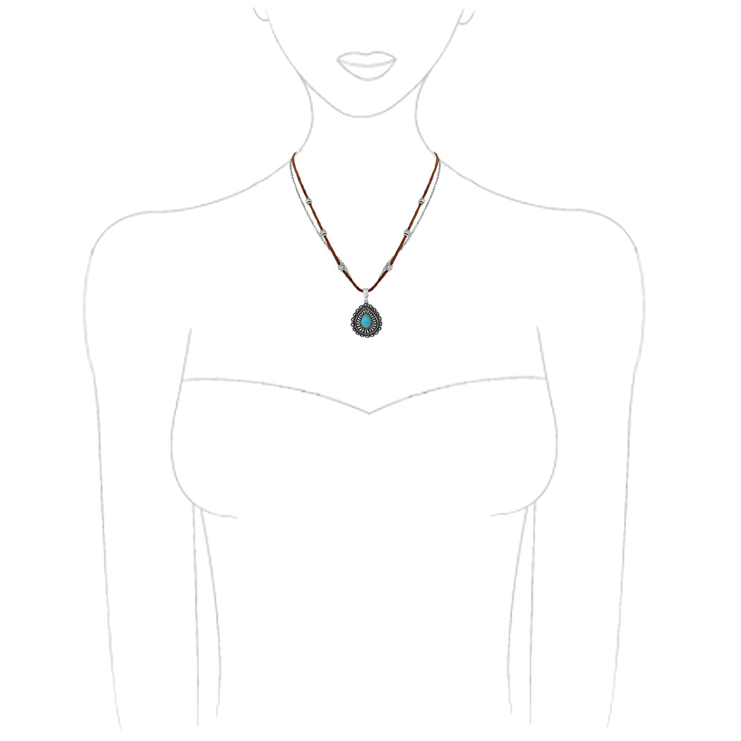 Cowgirl Chic Turquoise Howlite Stone Western Concho Pendant On Vegan Suedecord And Cable Chain Necklace, 18"+3" Extension