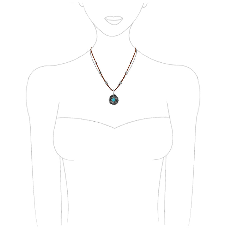 Cowgirl Chic Turquoise Howlite Stone Western Concho Pendant On Vegan Suede Cord And Cable Chain Necklace, 18"+3" Extension