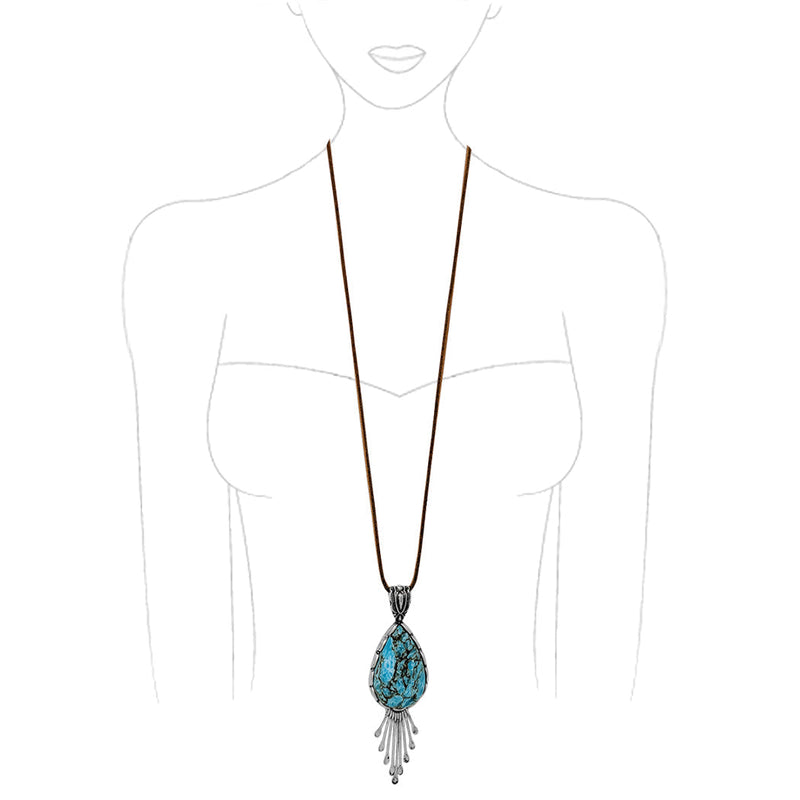 Cowgirl Chic Statement Turquoise Howlite Stone Western Vegan Leather Long Necklace, 33"+3" Extension