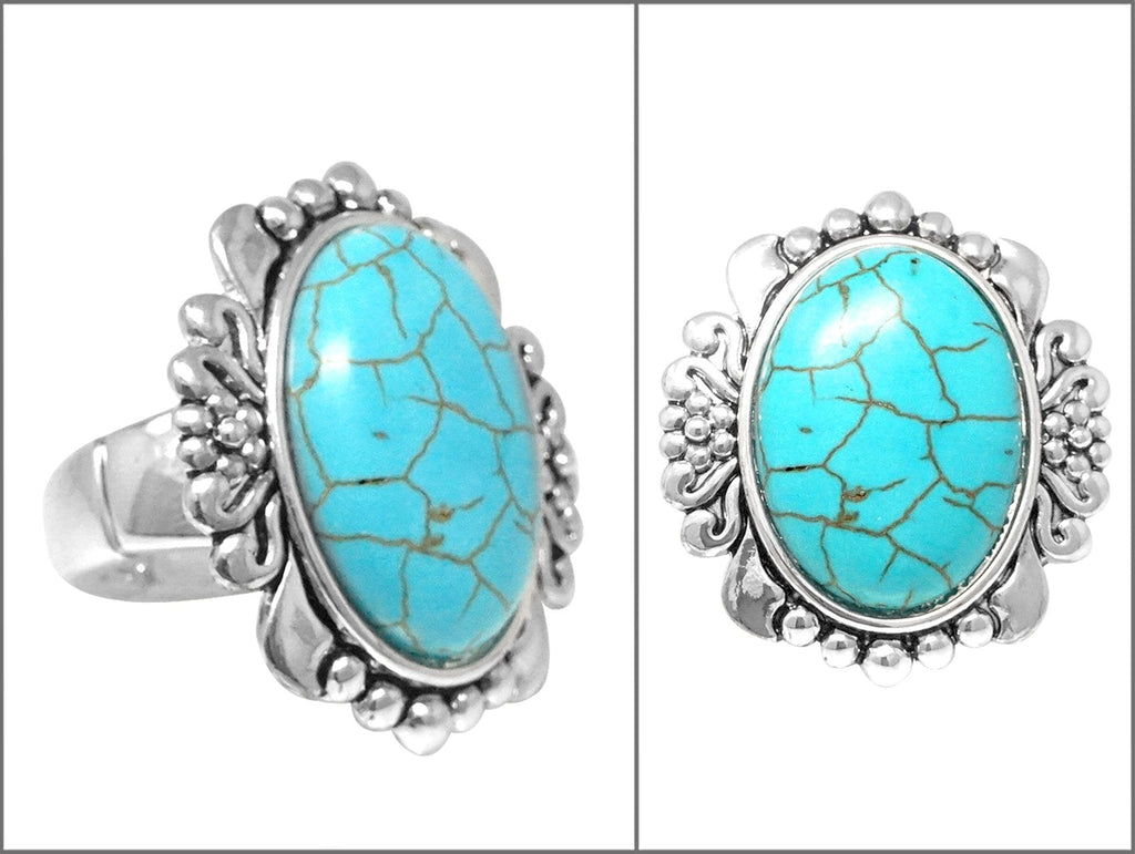 Western Style Semi Precious Natural Howlite Turquoise Stone Concho Stretch Cocktail Ring (Small Concho Frame)