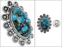 Statement Size Western Bohemian Semi Precious Oval Turquoise Howlite Stone Adjustable Stretch Ring, 2.5"