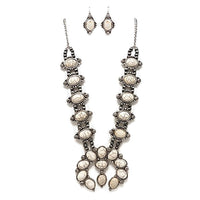 Gorgeous Statement South Western Natural Semi Precious Howlite Squash Blossom Necklace Earrings Set, 27"-30" with 3" Extension (Natural White)