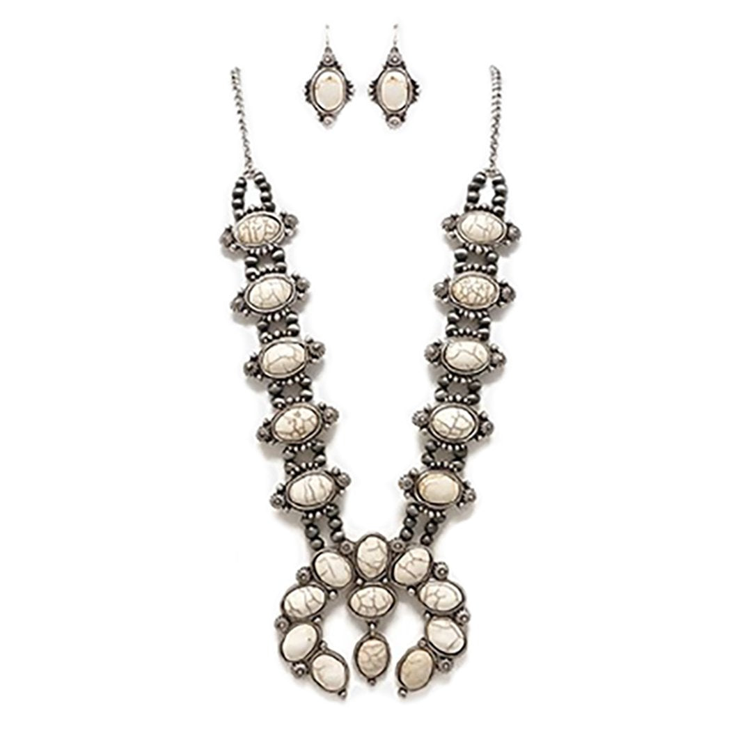 Gorgeous Statement South Western Natural Semi Precious Howlite Squash Blossom Necklace Earrings Set, 27"-30" with 3" Extension (Natural White)