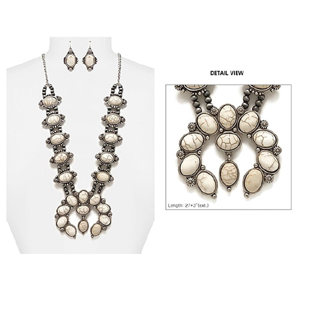 Gorgeous Statement South Western Natural Semi Precious Howlite Squash Blossom Necklace Earrings Set, 27"-30" with 3" Extension (Natural White)