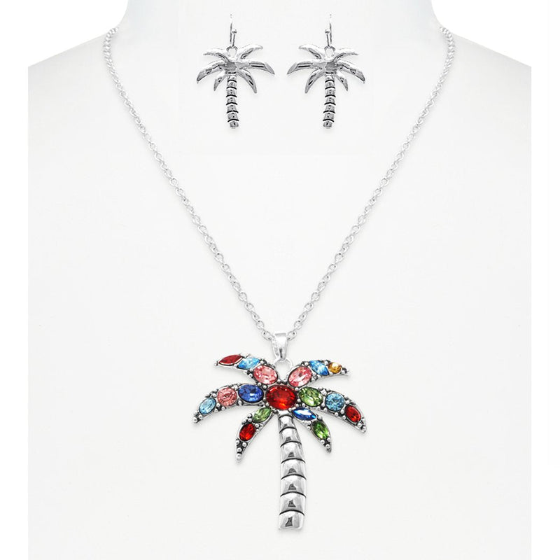 Colorful Fun Crystal Palm Tree Pendant Necklace Earrings Set, 18"+3" Extender