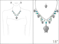 Sea Glass And Ocean Themed Multiple Charms Necklace Earrings Set, 18"+3" Extender (Green Sea Glass Turtle Charms)