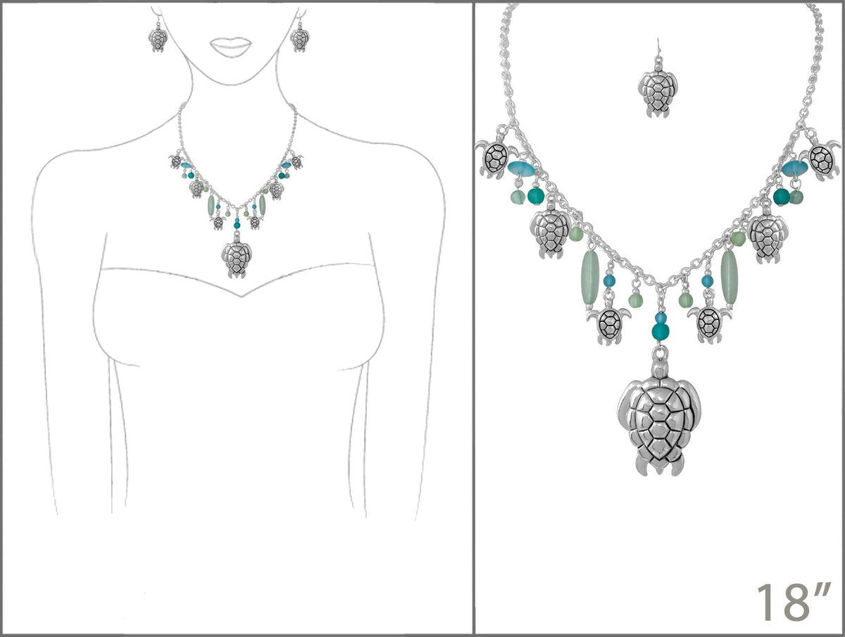 Sea Glass And Ocean Themed Multiple Charms Necklace Earrings Set, 18"+3" Extender (Green Sea Glass Turtle Charms)