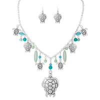 Sea Glass And Ocean Themed Multiple Charms Necklace Earrings Set, 18"+3" Extender (Green Sea Glass Turtle Charms)
