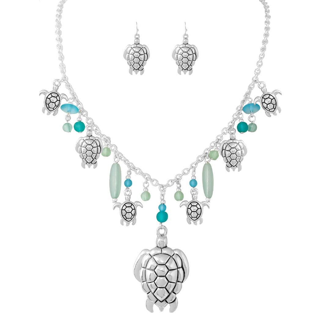 Sea Glass And Ocean Themed Multiple Charms Necklace Earrings Set, 18"+3" Extender (Green Sea Glass Turtle Charms)